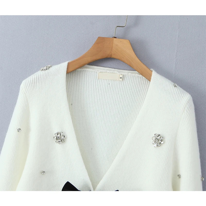 YENKYE 2025 Women Fashion Handmade Diamond Bow Knit Cardigan Long Sleeve V Neck Slim Crop Sweater Elegant Coat Tops 250225