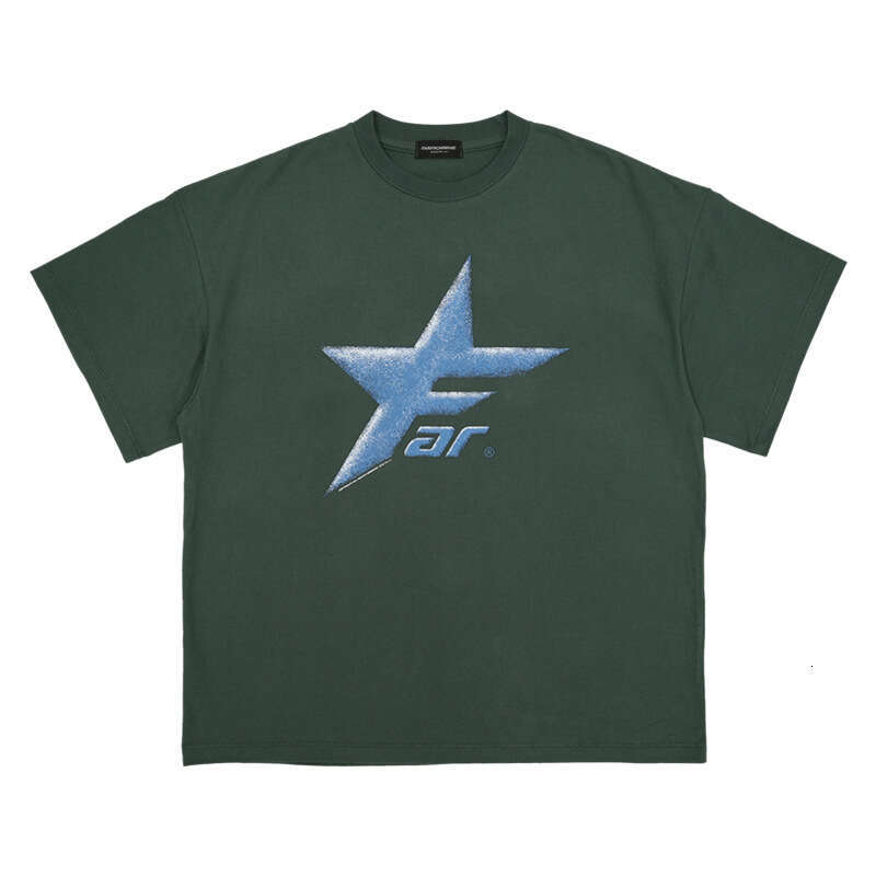Far Archive Inverted Letter Star Print Small Trendy Brand Washed Vintage Vibe Style Short Sleeve T-shirt