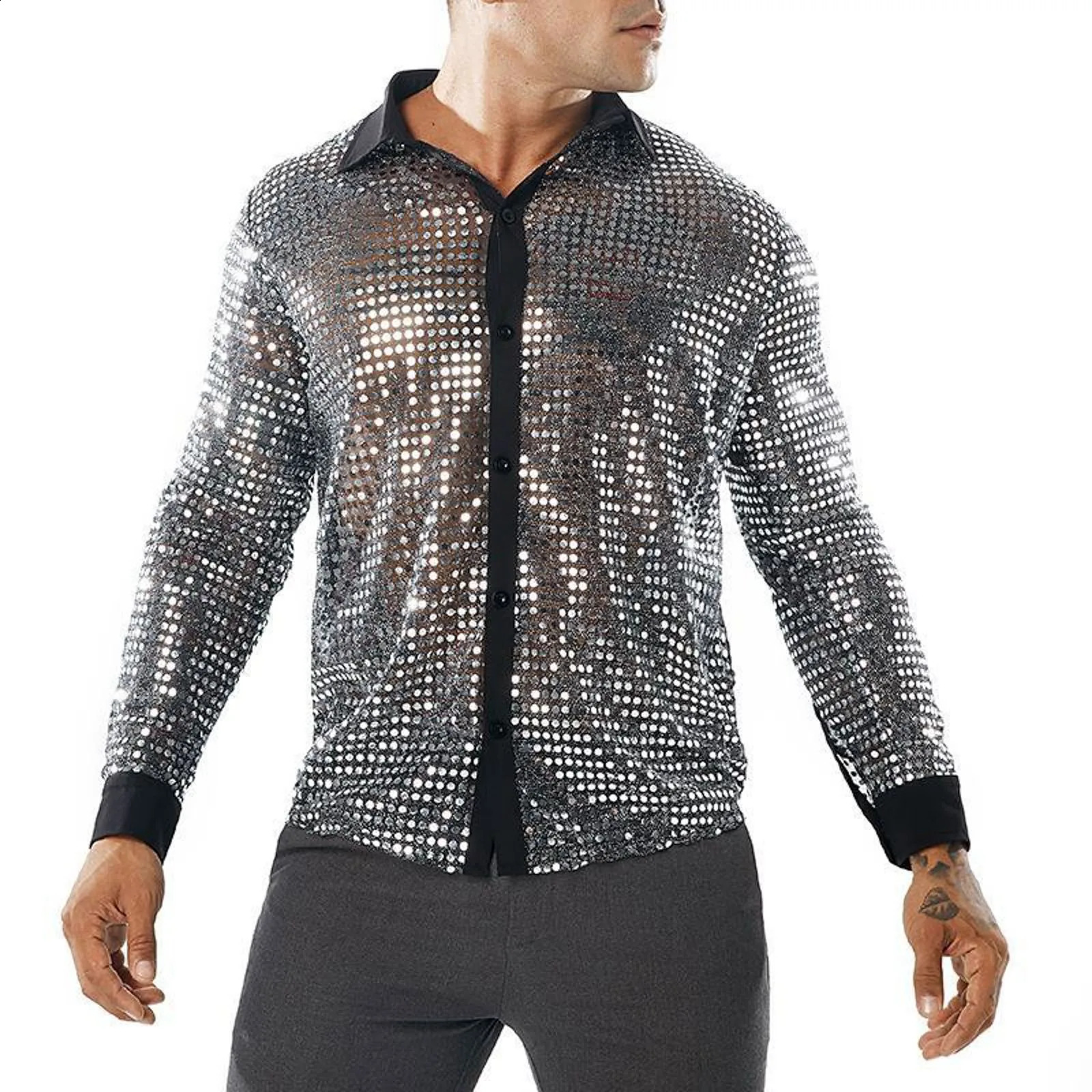 Mens Performance Sequin Shirt Lapel 70s Wear Trend Long Sleeved Haruku Streetwear 250222