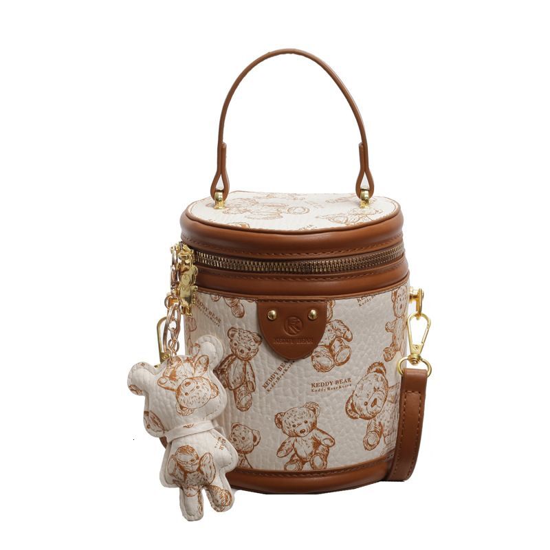 Trendy texture bucket b, new teddy bear contrasting printed cydrical handb, versatile single shoulder crossbody
