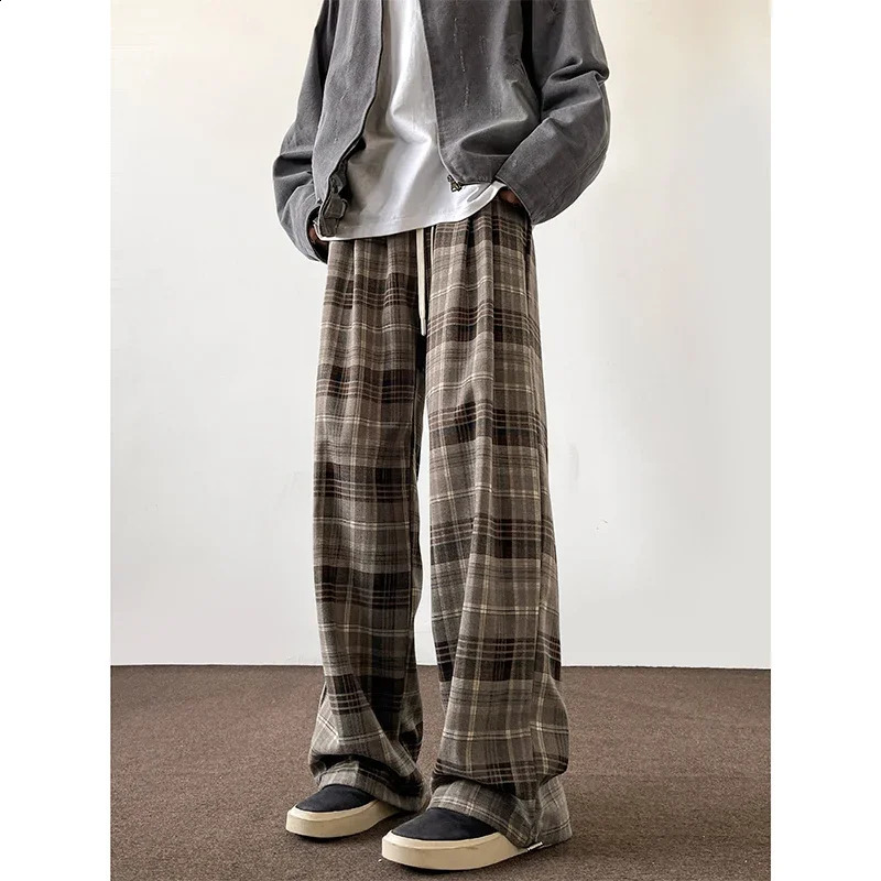 Korean flat bottom pants Harajuku mens autumn wide leg checkered mens oversized casual sports pants Y2k streetwear mens 250225