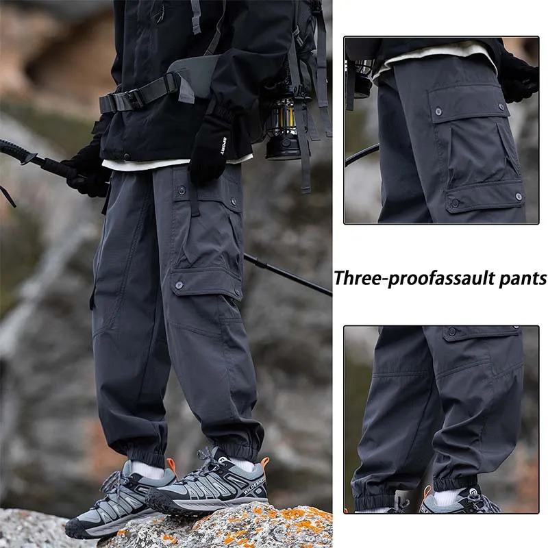 Mens Waterproof Hiking Pants Breathable Antifouling Loose Fit Cargo Pants Elastic Waistband Casual Camping Sport Pants 250227