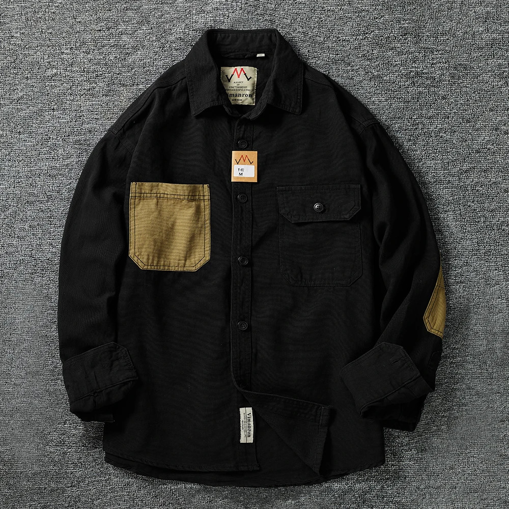 Sleeve patch washed grain woven cotton long sleeve shirt Mens daily tooling retro trend youth thin coat 250226