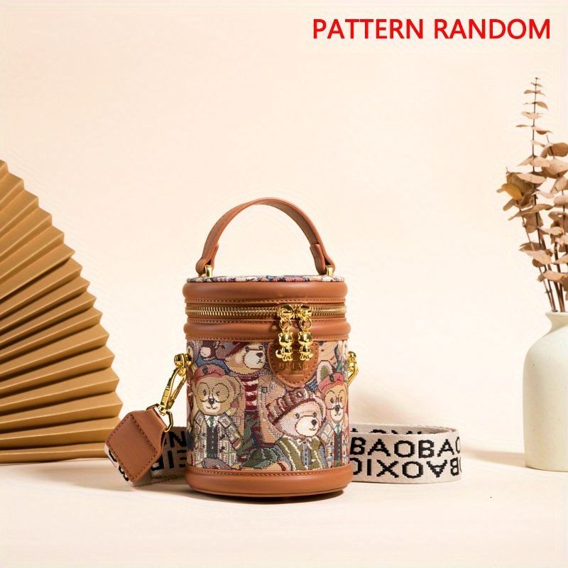 Trendy Bear Pattern Bucket - Mini Double Zipper Crossbody Bag