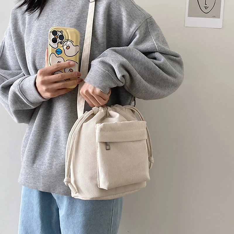 Womens shoulder bag Korean drawstring bucket casual lightweight youth cross 250221