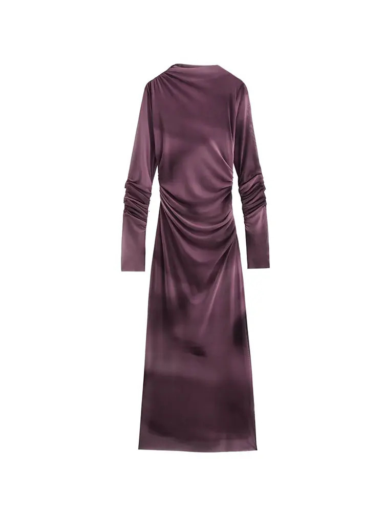 TRAF printed chiffon dress womens pleated long skirt womens fashionable long sleeved tight fitting midi dress womens party dress 250226