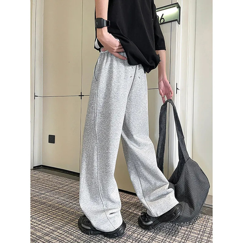 Men Spring Casual Sweatpants Elastic Waist Straight Wide Leg Joggers Plus Size Solid Color Minimalist Patchwork Comfort Pants 250227