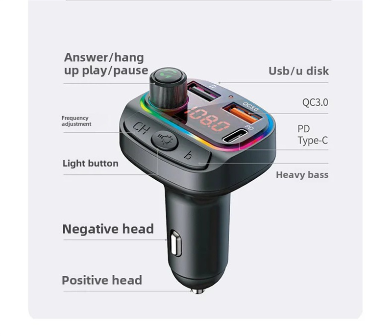 C14 C15 Car Bluetooth MP3 Player Atmosphere Light QC3.0 PD 20W Fast Charging FM Broadcaster For iPhone 16 15 14 13 12 Plus Pro Max Samsung Google Ando