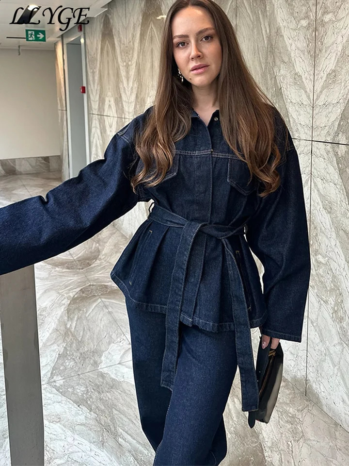 Retro belt denim jacket pants set womens lapel single chest pocket straight jeans spring streetwear 250228