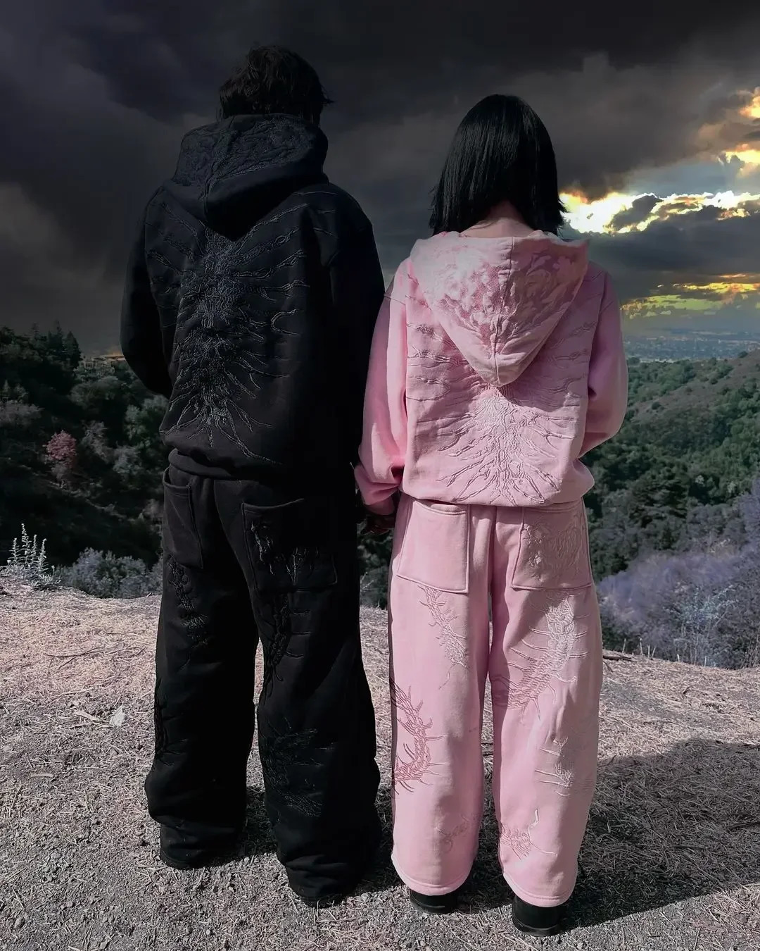 Pink and black two-color lazy style sweatshirt and sweatpants couple suit hooded jacket casual daily sports straight trousers 250226