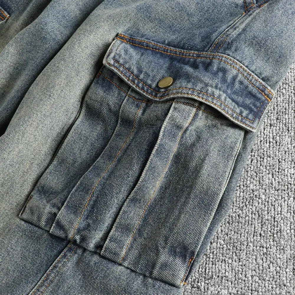 Vintage blue water wash to do old Hong Kong trend cargo jeans men loose tapered youth pants boot 250228Z