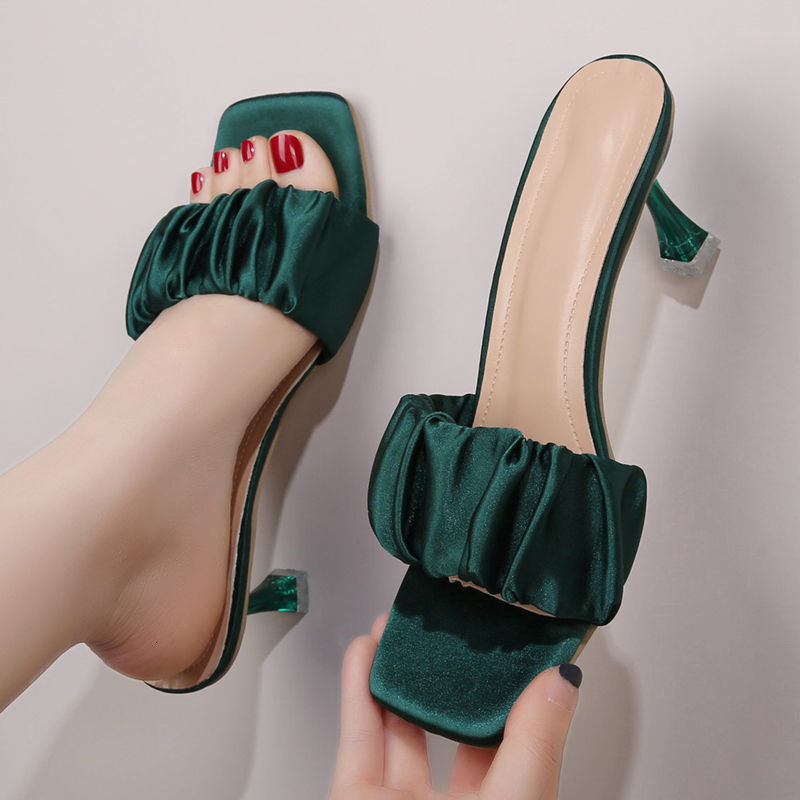 2025 Summer New One Word Slippers With Folded Suede Square Head Thin Middle Heel Cool Dragging Open Toe High Heels Women's Shoes For Outdoor Wear