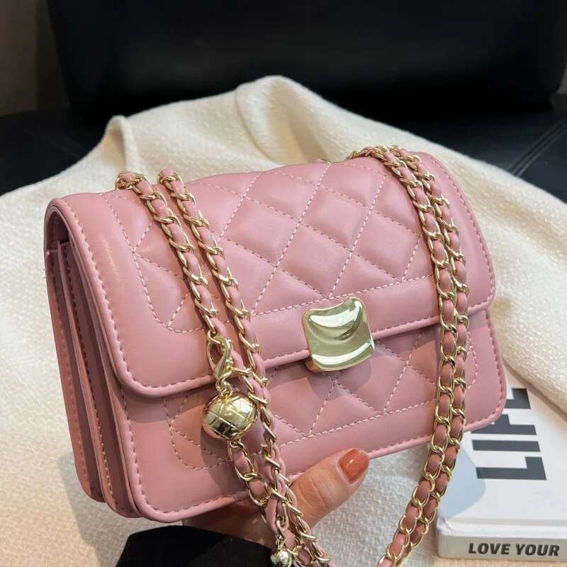 New Solid Color Shoulder Versatile Checkered Girl Crossbody Fashion Chain Women's Bag Metal Decoration PU Material