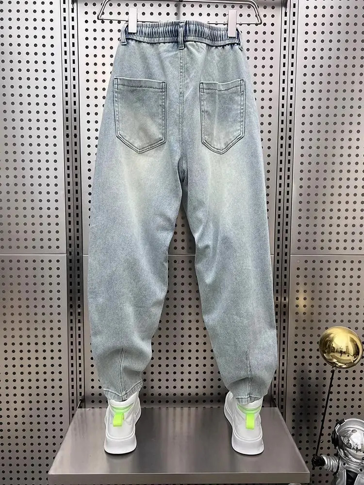 Vintage Distressed Washed Blue Jeans Men Casual Loose Harem Jogger Pants Carrot Tapered Leg Spring Autumn Retro Fashion 250228Z