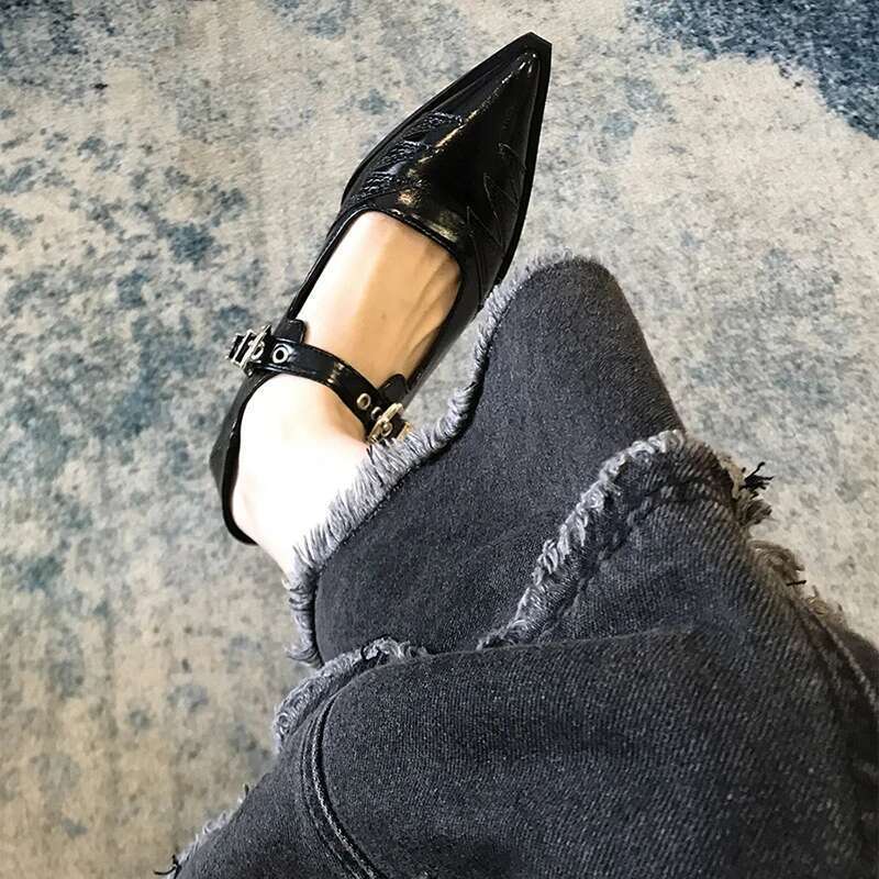Designer Vintage Pointed Toe Women Mary Jane Fashion Belt Buckle Spring Elegant Low Heel Shoes