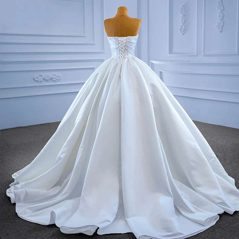 Simple Strapless Satin Custom Lace Up Back Crystal Upper Court Train Wedding Dress Woman Dresses Novia
