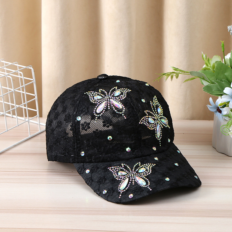 The new breathable versatile sun hat Korean lace drilling butterfly duck tongue cap female outdoor hollow baseball cap