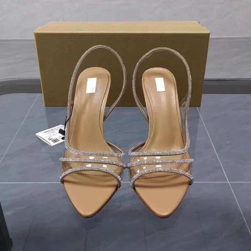 High Designer Summer Heel Sandals for Lady Glitter Pointed Peep Toe Transparent PVC Woman Shoes