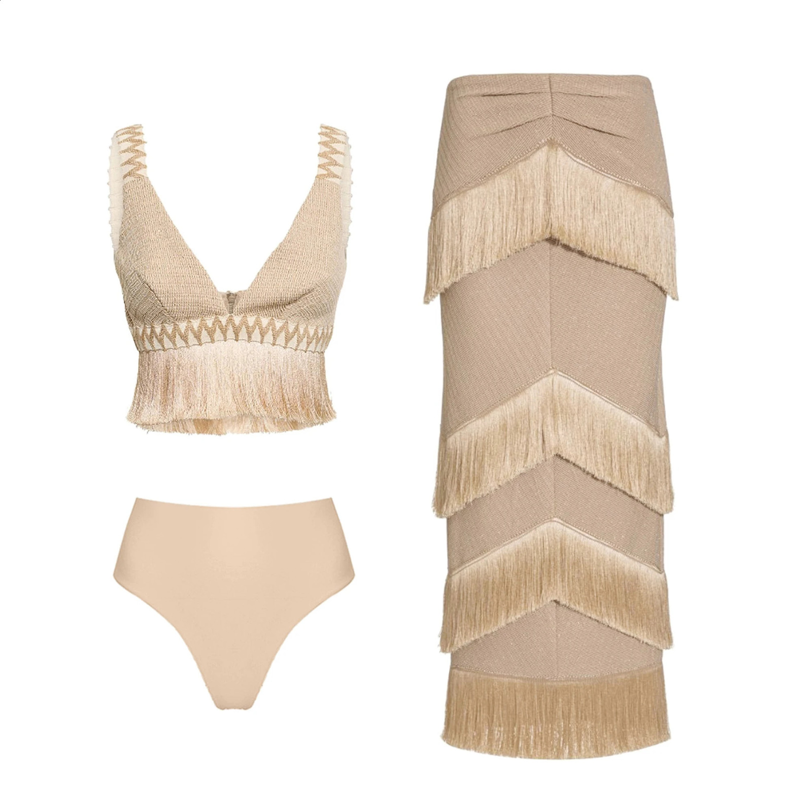 2025 V Neck Fringe Trim Bikini Swimsuit High Waist Swimwear with Skirt for Women Halter Bathing Suits Print Summer Female 250227