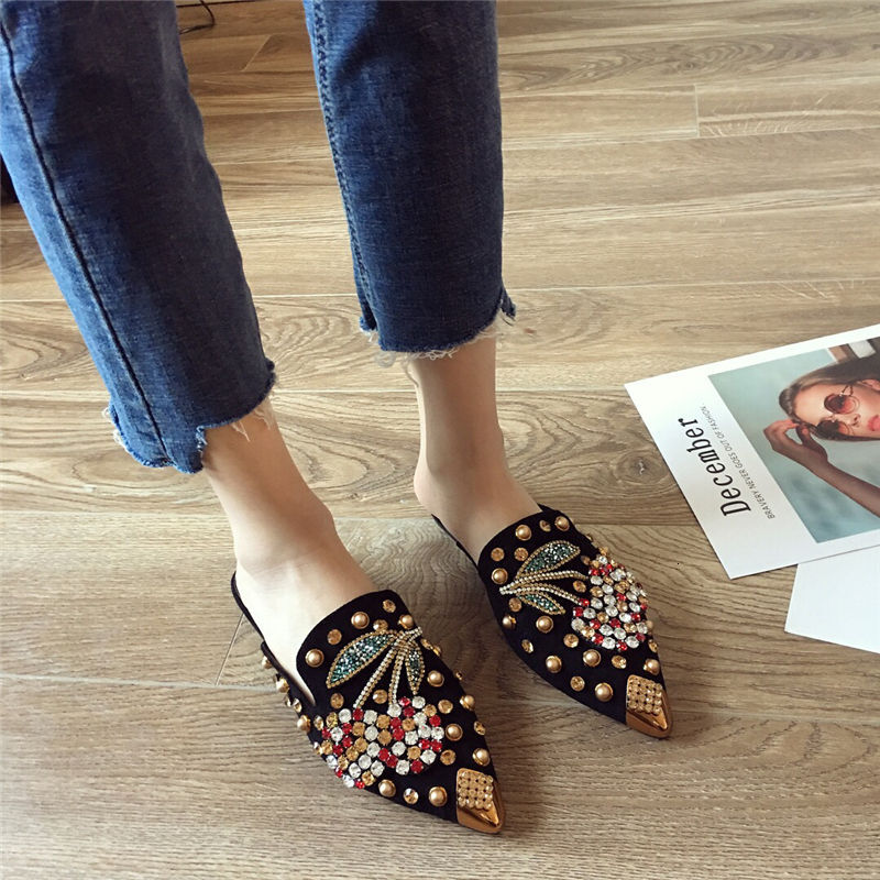 Cherry Rhinestone Pointed Flat Shoes Fashionable Loafers Slippers Beautiful Cherry Pearl Inlaid Flat Sandals For Women Sizes 36-41