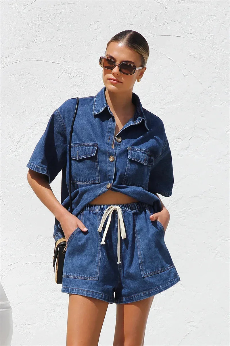 Retro Street Cowboy Set Womens Short Sleeve Button Loose Comfortable Shirt Two Piece High Waist Shorts 250228
