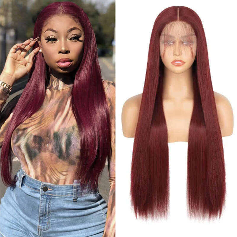 HD Front Lace Wig Front Lace Wig Women S Hand Hook Mid Split Long Straight Hair Synthetic Full Head Cover Lace Wig Wine Red