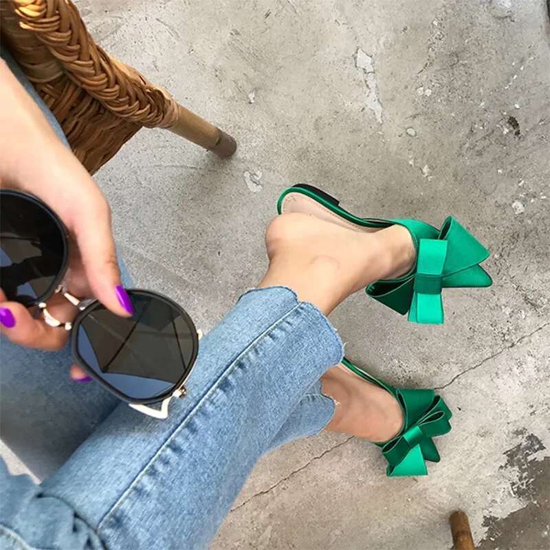 Spring and Summer Women's Shoes Korean Silk Satin Pointed Bow Tie Baotou Flat Heel Sets Semi Slippers