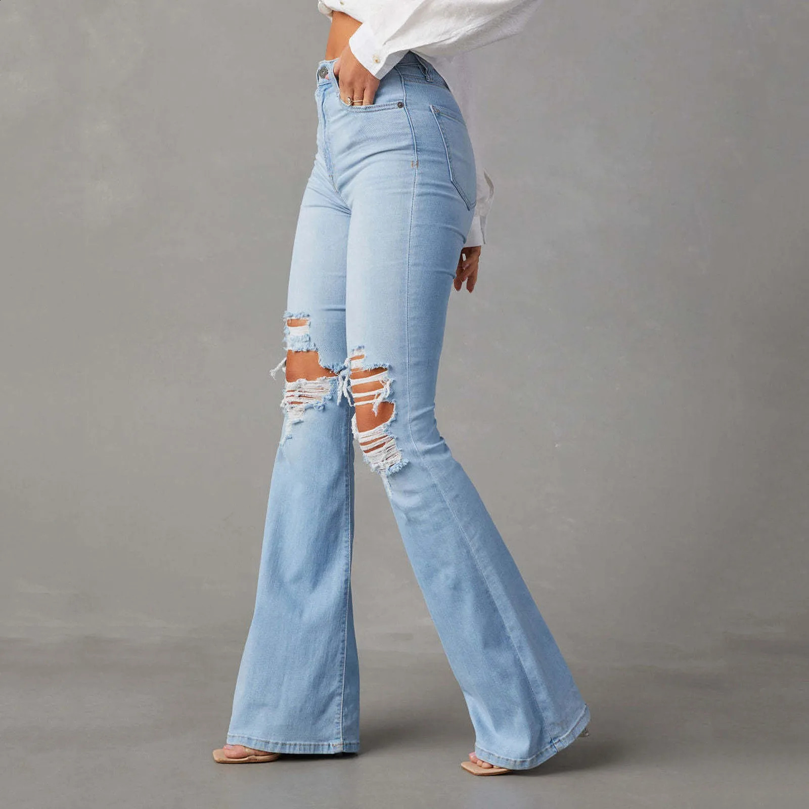 Womens open top French jeans mid waist wide leg boots denim pants vintage blue Trousers 250228