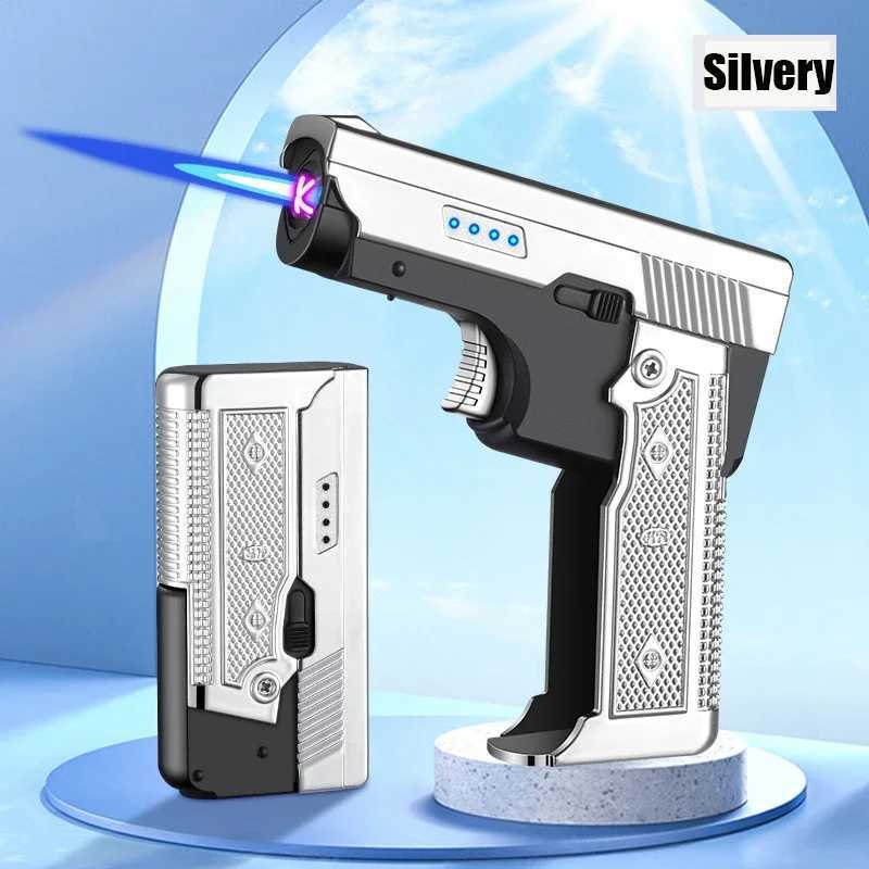 New Windproof Gas-Electric Plasma Type C USB Rechargeable Lighter Gift Men Folding Gun Butane Torch Turbo Jet Flame Cigar Lighter Y250228