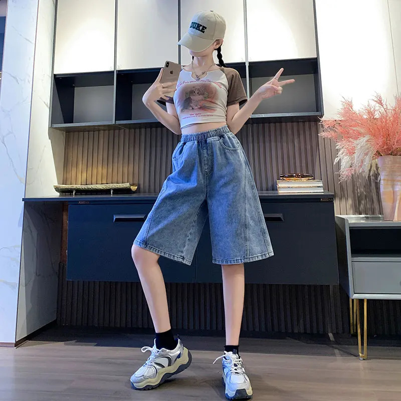 Large Size Denim Short Summer 2024 High Elastic Wasit Casual Blue Color Jean Shorts Plus Womens Jeans 250228Z