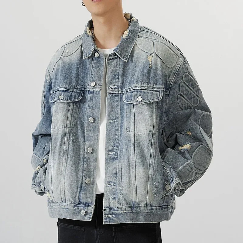 Retro denim jacket mens convertible turtle shell pattern hip-hop bomber jacket high street loose American ripped denim jacket 250225