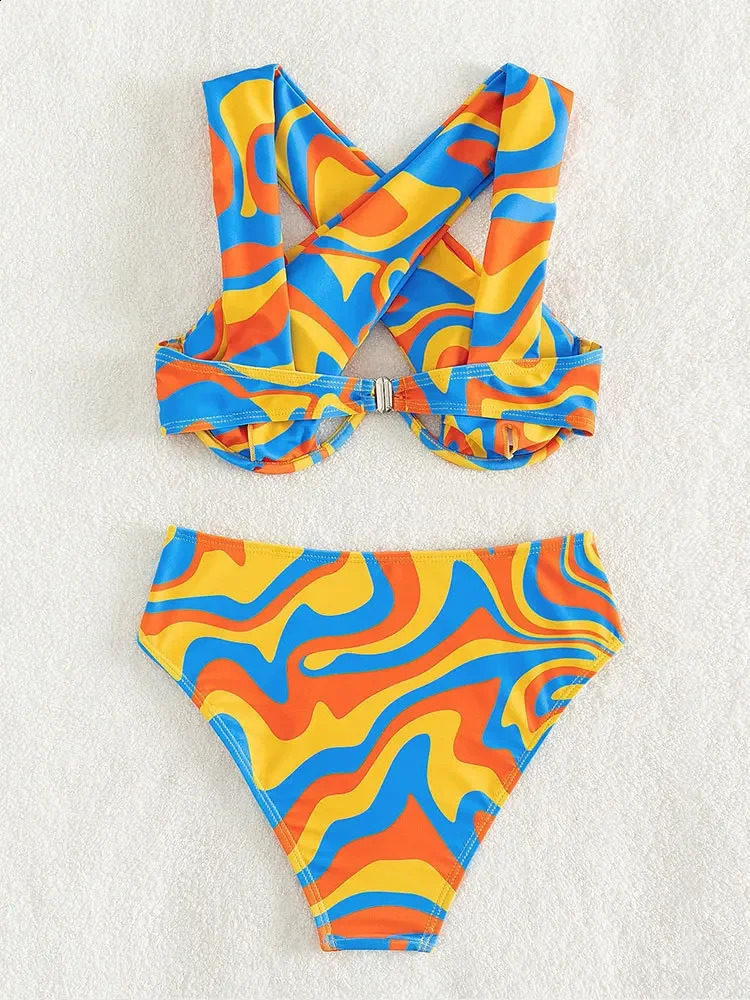 Sexy Underwire Bikini Set 2024 Women Orange Wave er Halter Cross High Waist Swimsuit Summer Bathing Suit 2 Piece Swimwear 250227