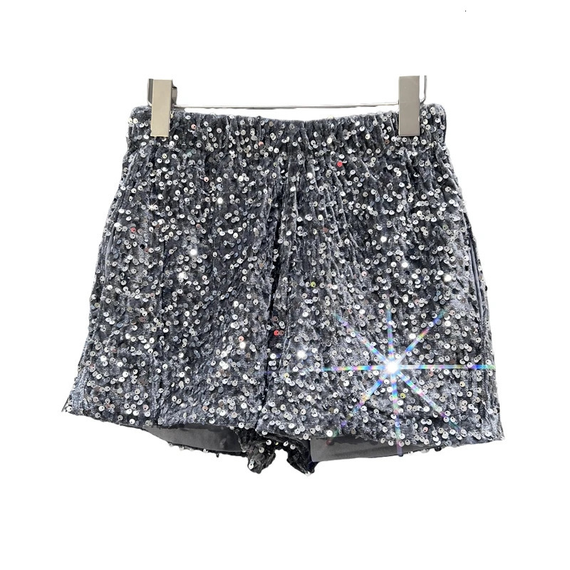 Europe and America Sequined Black Shorts Slim Suede Embroidered Beads Grey Casual Pants Womens Pants 250227