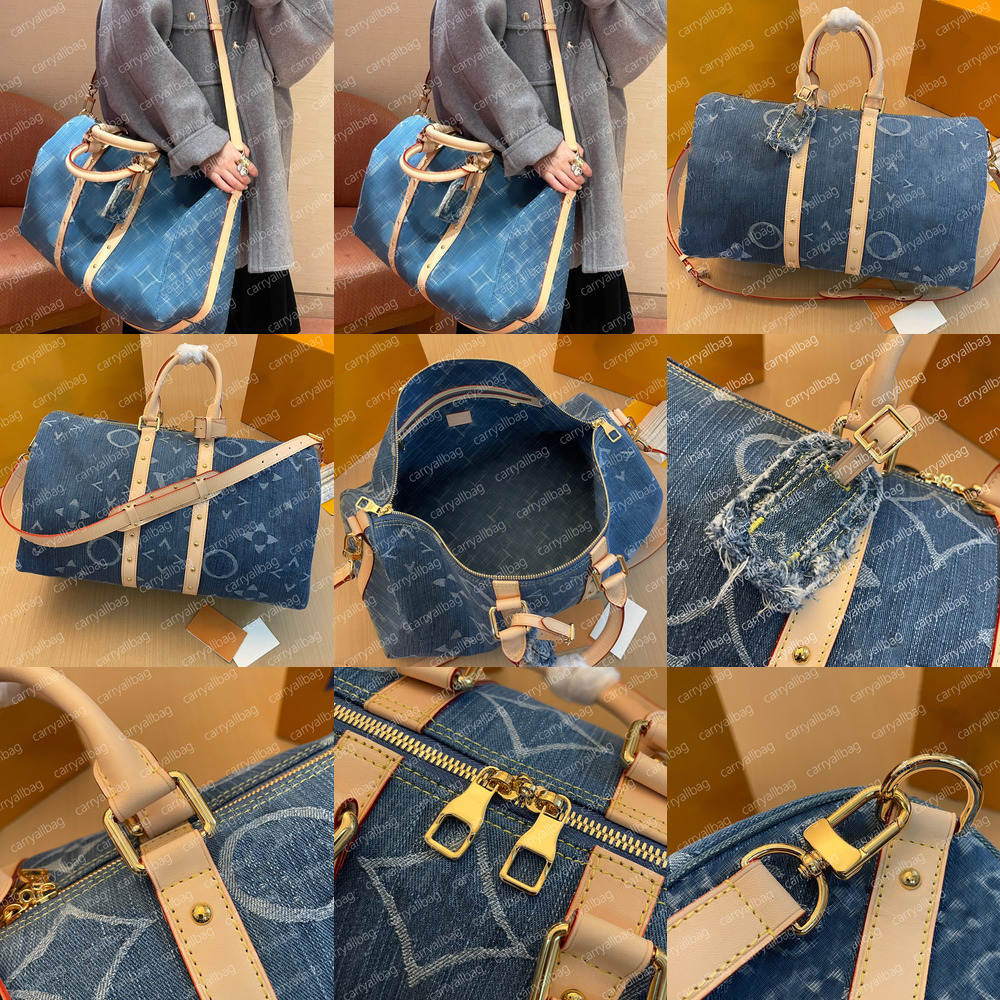 Duffle bag Womens Keep all Bandoulier e 45 Denim Blue Double zipped closure padlock name tag Denim lining designer Counter Customizable engraving of name letters 10A