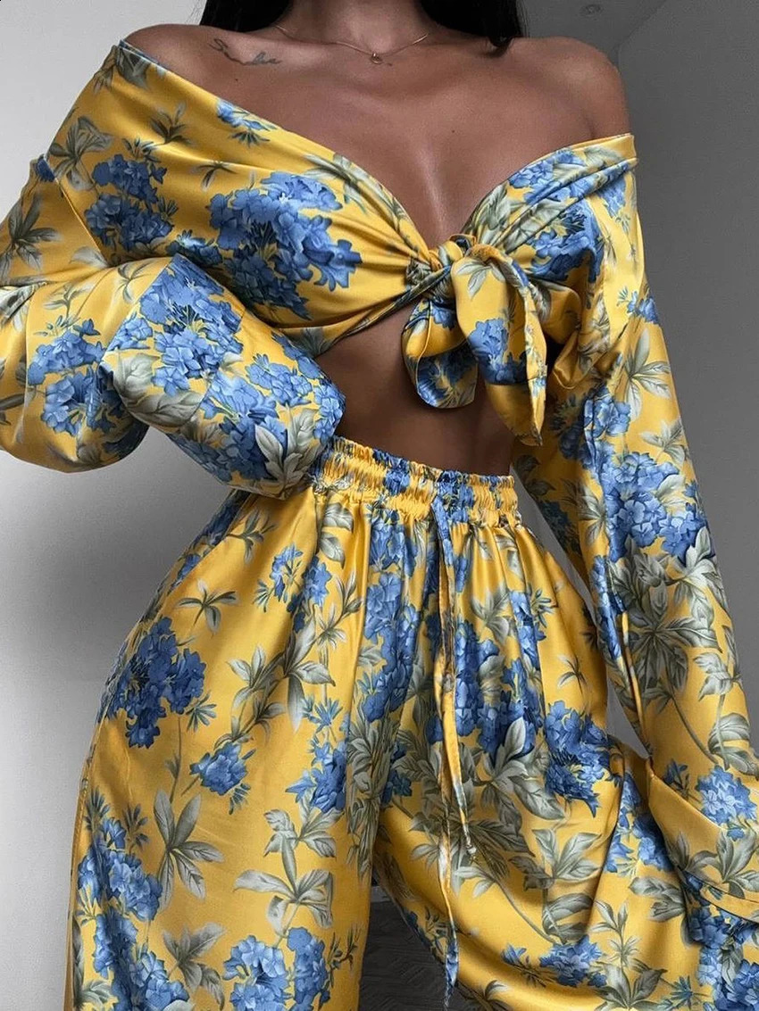 Marthaqiqi Fashion Women Nightwear Suit VNeck Pyjamas Long Sleeve Nightie Lace Up Nightgowns Pants Printing Ladies Set 250228