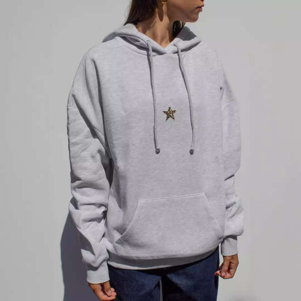 New women's long sleeved star printed shoulder down hooded with drawstring sweatshirt