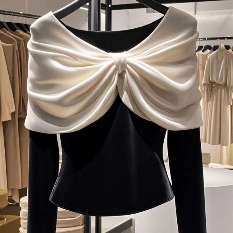 Spring Autumn Round Neck Long Sleeve Fashion T-Shirts Women High Street Bow Patchwork Pullovers Elegant Vintage All-Match Tops
