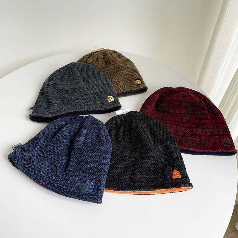 BeanieSkull Caps Adult autumn and winter doublelayer knitted hat with embroidered letters on both sides wool hat for cold protection and warmth cyclin