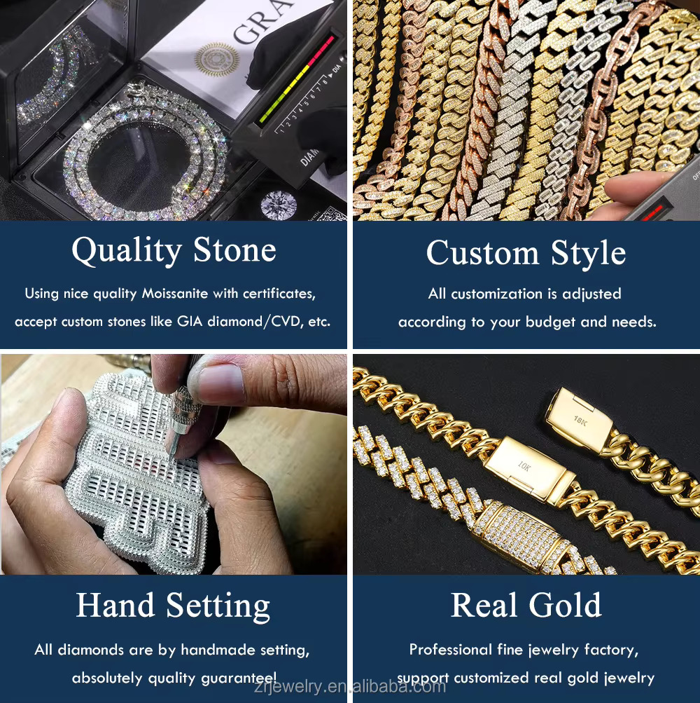 Miami Cuban Link Hip Hop Moissanite Necklace 8mm 10mm 12mm 15mm VVS 925 Sterling Silver Moissanite Cuban Chain