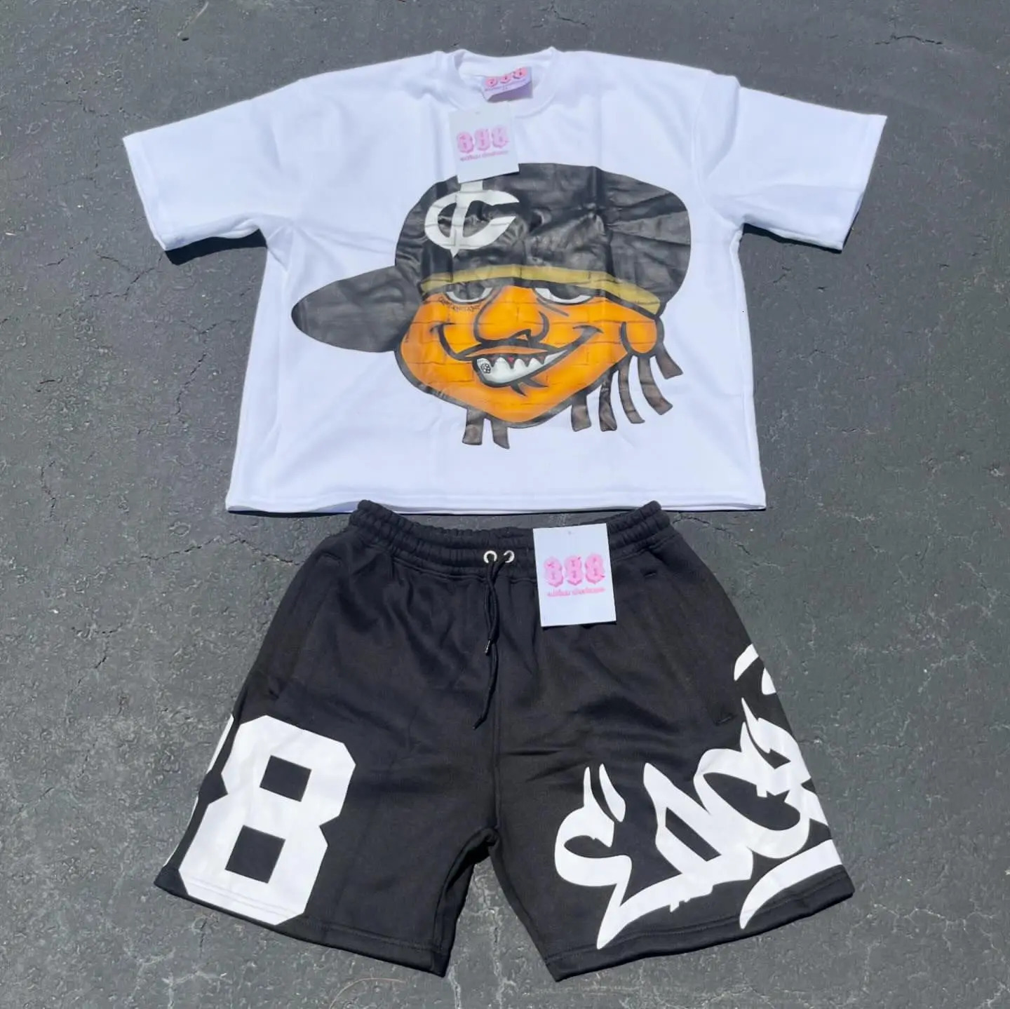 Cartoon pattern T-shirt and shorts two-piece set mens Y2K cotton printed T-shirt casual Harajuku hip-hop short sleeved street clothing 250225