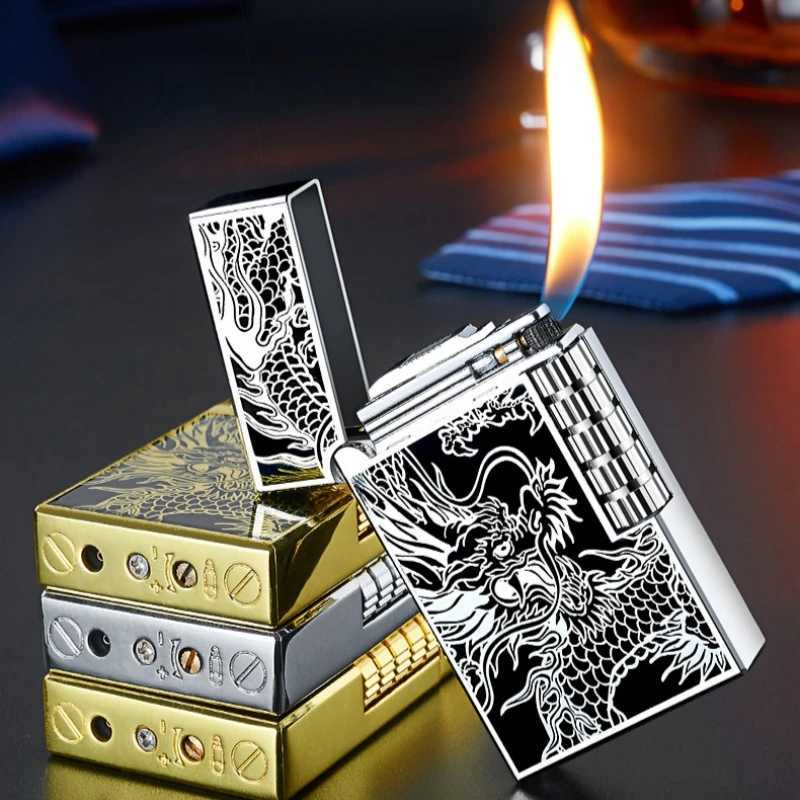 2024 Metal Steel Sound Chinese Dragon Oblique Fire Inflatable Lighter Side Pulley Igniting Butane Gas Pipe Lighters Smoking Gift Y250228