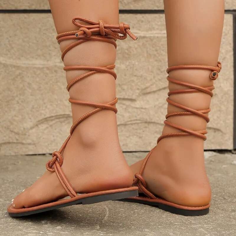 Summer Shoes for Women Rome Open Toe Cross-tied Thong Outdoor Casual Flat Women's Gladiator Sandals Plus Size