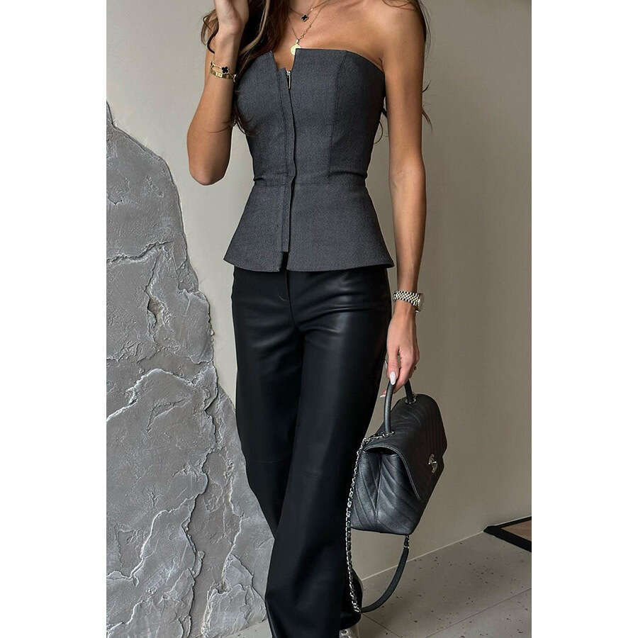 European and American Spring/Summer One Piece Collar Slim Fit Top Fashion Multi Color Zipper strapless 2025 Versatile New Trendy Clothing INS