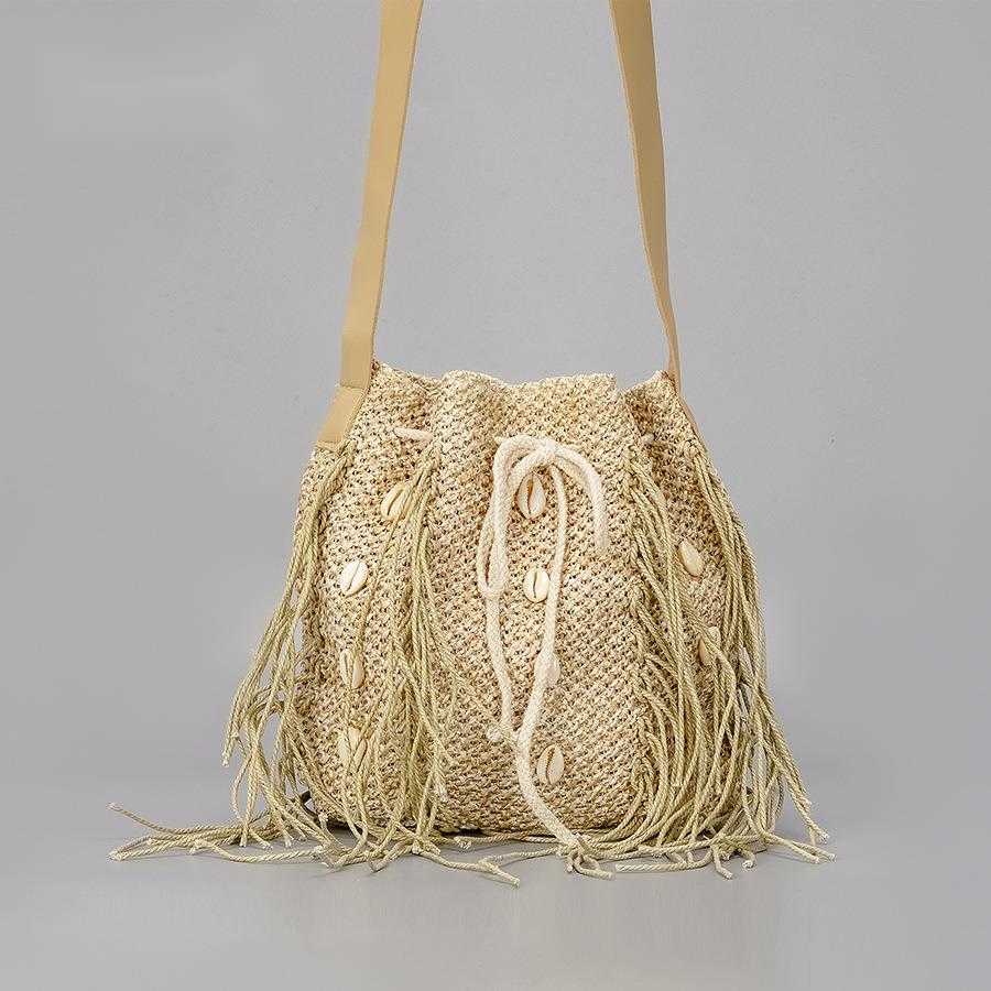 Handwoven tassel grass woven bag for women summer beach drawstring handbag with large capacity shell single shoulder diagonal cross bag 250215