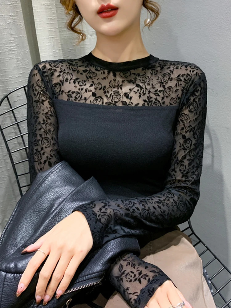 Spring Autumn 2025 Sexy Sheer Tops Long Sleeve Polka Dot Shirt Round Neck Flocking Women T shirt 250228