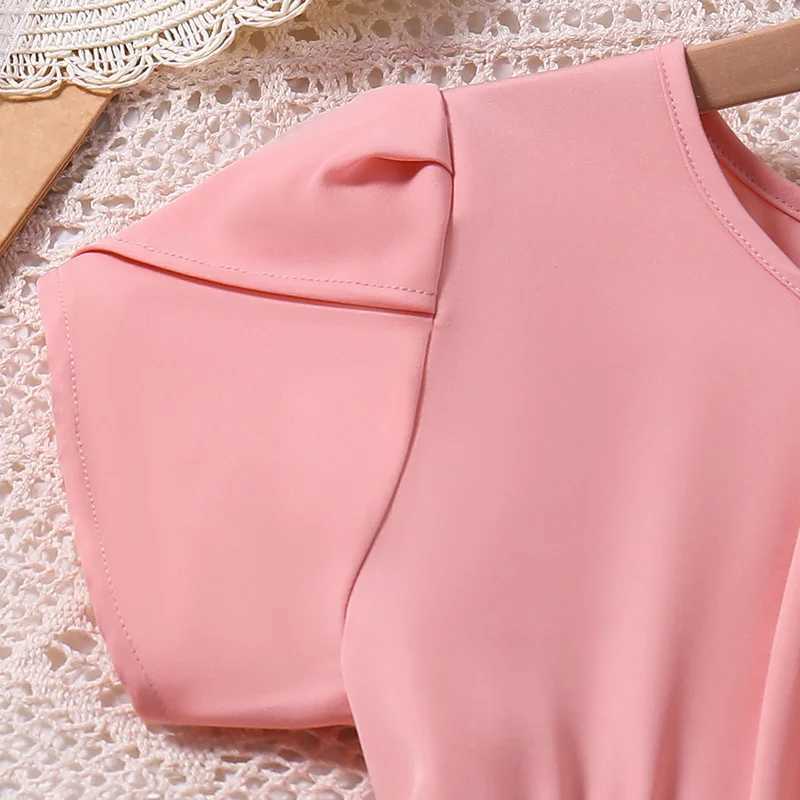 8-12Ys Pink Short-Sleeved Dress Kids Girls Round Neck Fashion Grace Cute Sweet Vacation For Daily Casual Princess DressXJ250228