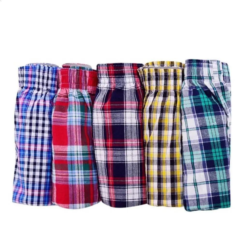 Mens Cotton Boxers Casual Plaid Print Elastic Waist Underwear Summer Loose Breathable Beach Pants Shorts 250228Z