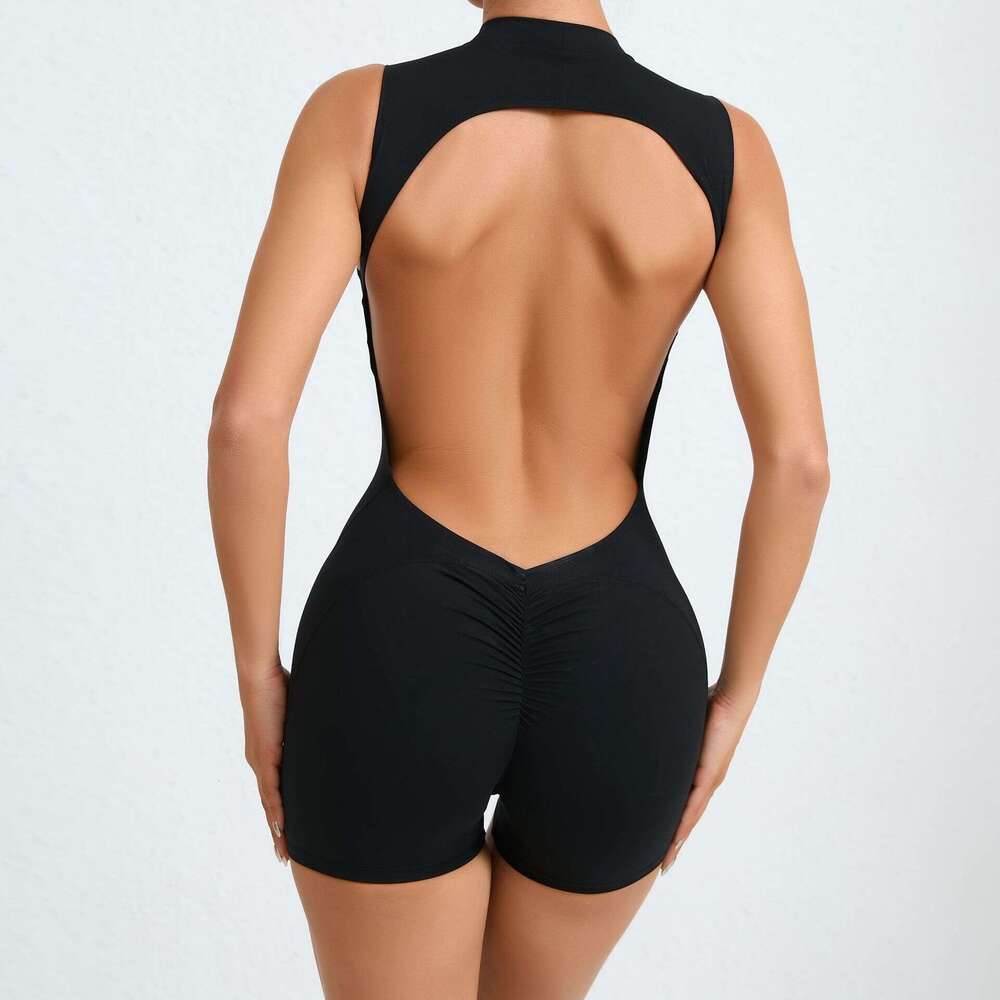 European American sleeveless back hollow yoga jumpsuit for fiess, detachable chest cushion, peach hip sports jumpsuit, 2025 new style, chic and elegan