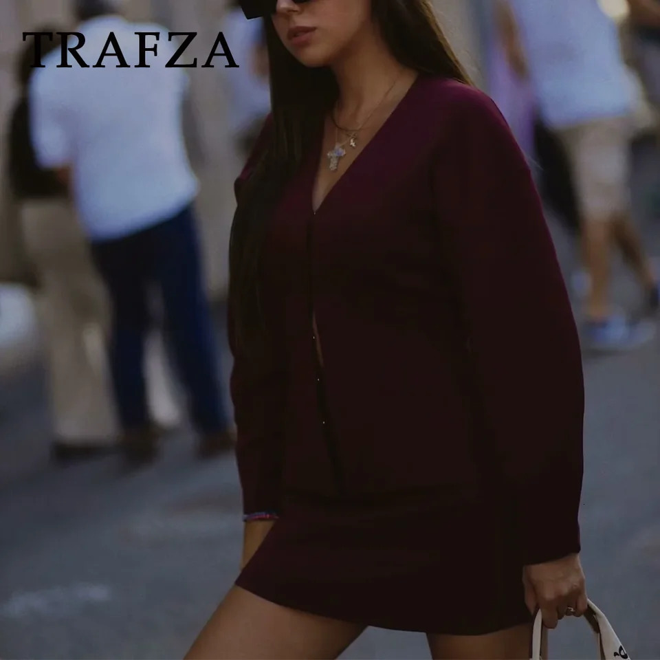 TRAFZA Autumn Winter Streetwear Women Knitted Suits Fashion Elegant V Neck Single Breasted ShirtsChic Mini Skirts 250225