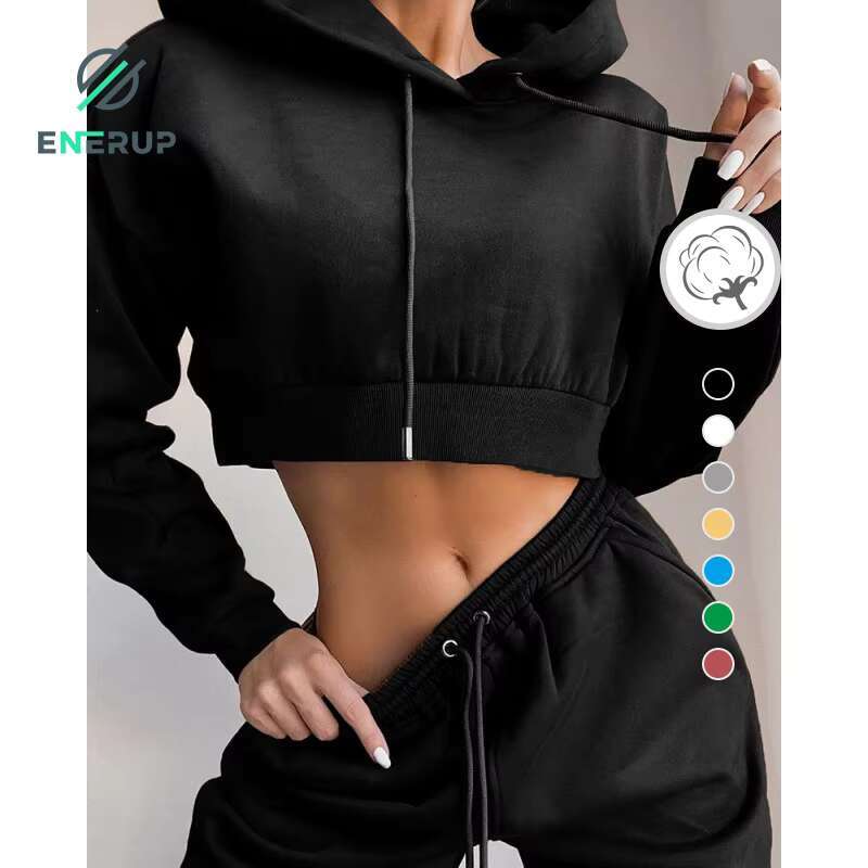 Enerup Custom Women's Cropped Sweatshirts Plain Pullover Girls' Hoodies Set